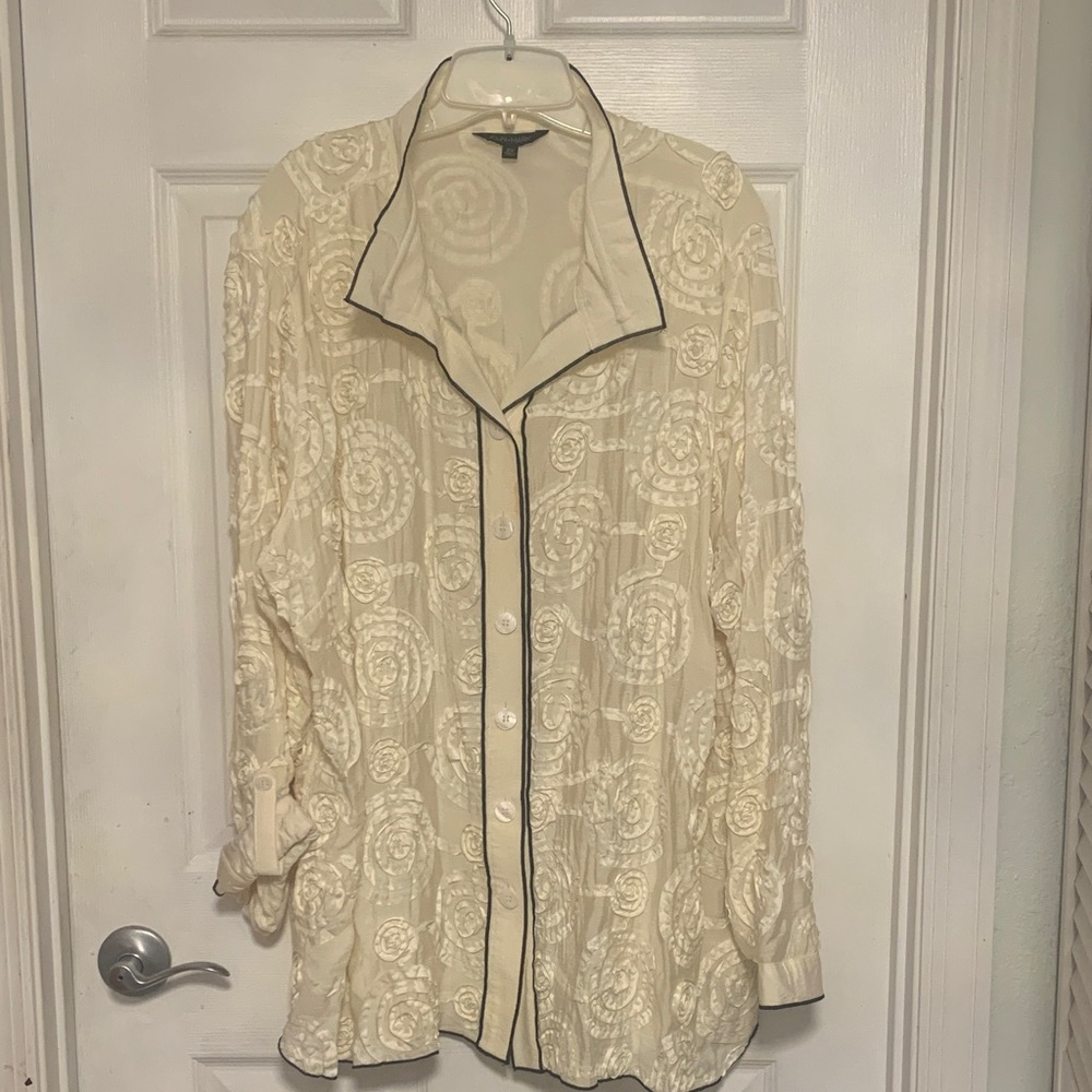 John Mark Cream Blouse with Black Trim Plus 2X Ribbon Embellished Dressy